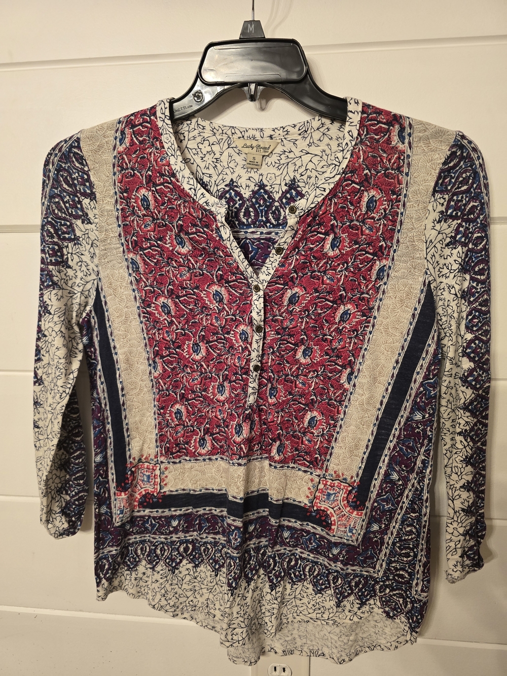 Lucky Brand Red and Navy Printed V-Neck Tunic Small